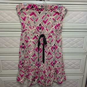 Pink, blue and beige no strap floral mini dress.